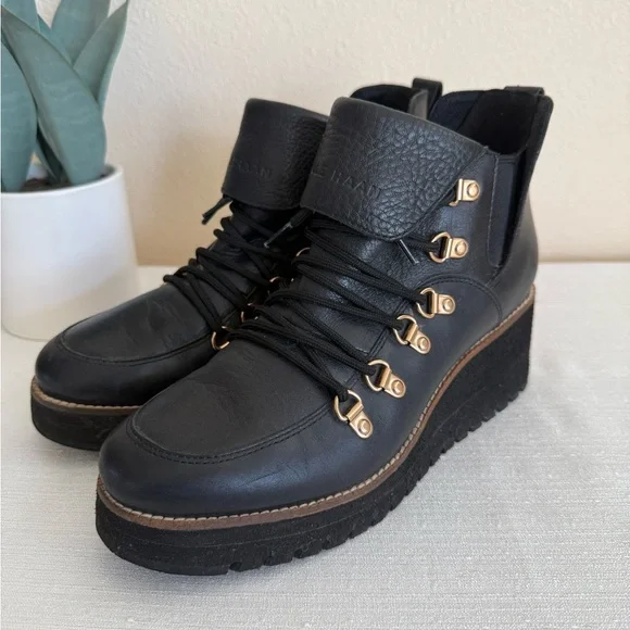 Cole Haan Black Leather Lace Up Wedge Waterproof Ankle Boots - Picture 6 of 11